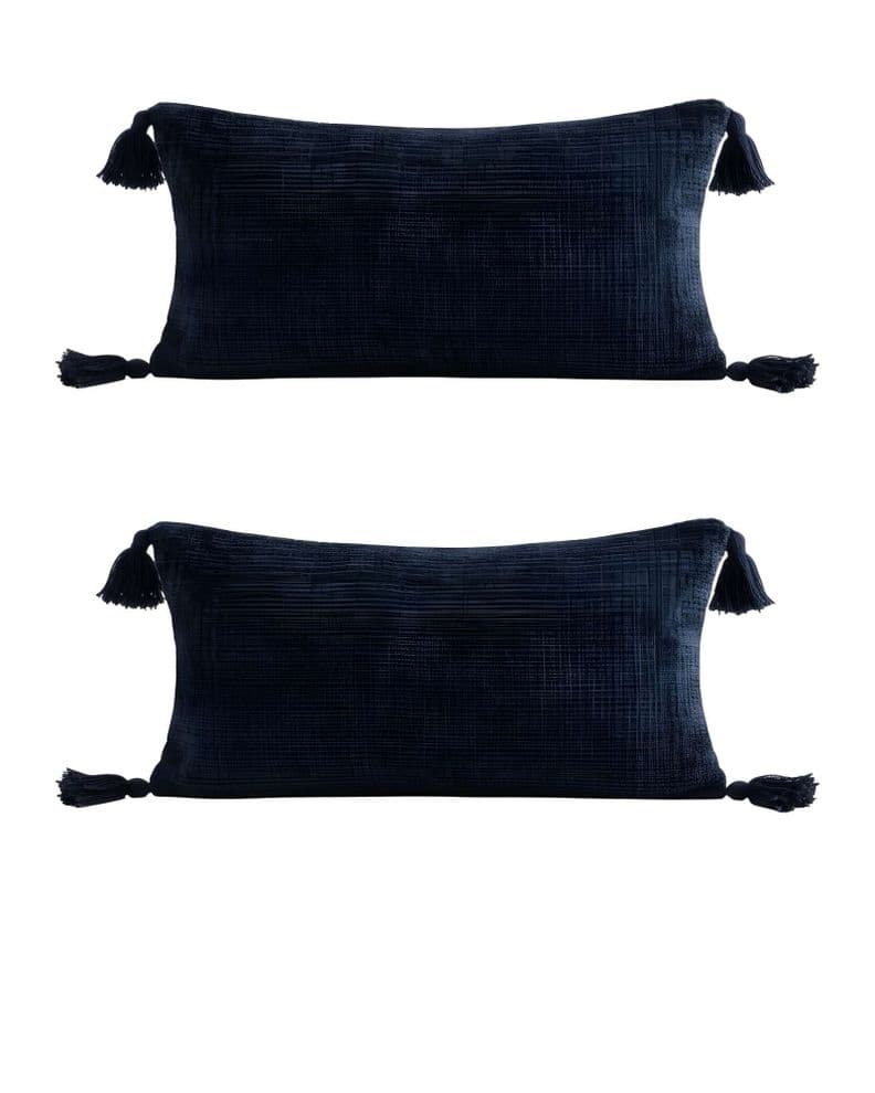 SET DE 2 FUNDAS DE COJIN CHENILLE CON BORLAS 30X50 AZUL OSCURO