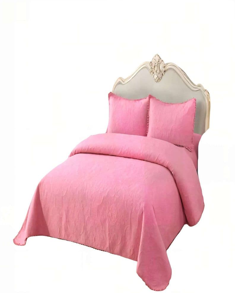 CUBRECAMA QUILT DE VERANO 1,5 PLAZAS CON POMPON COLOR ROSADO