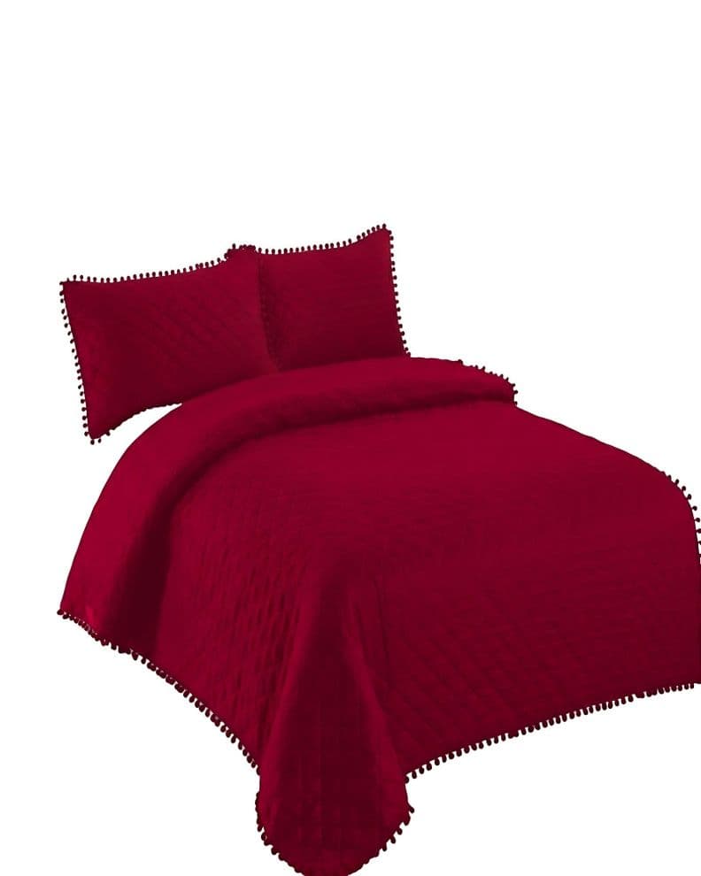 CUBRECAMA QUILT DE VERANO 1,5 PLAZAS CON POMPON COLOR BURDEO