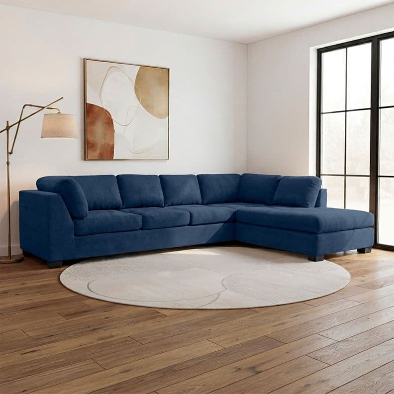 Sofa Seccional Londres 6 Cuerpos Chenille Azul Derecho Resortes