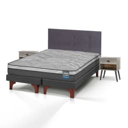 Cama Europea Dream Pocket 2 Plazas Box 150x200 + Respaldo Royal Grafito + Velador Rock Flex