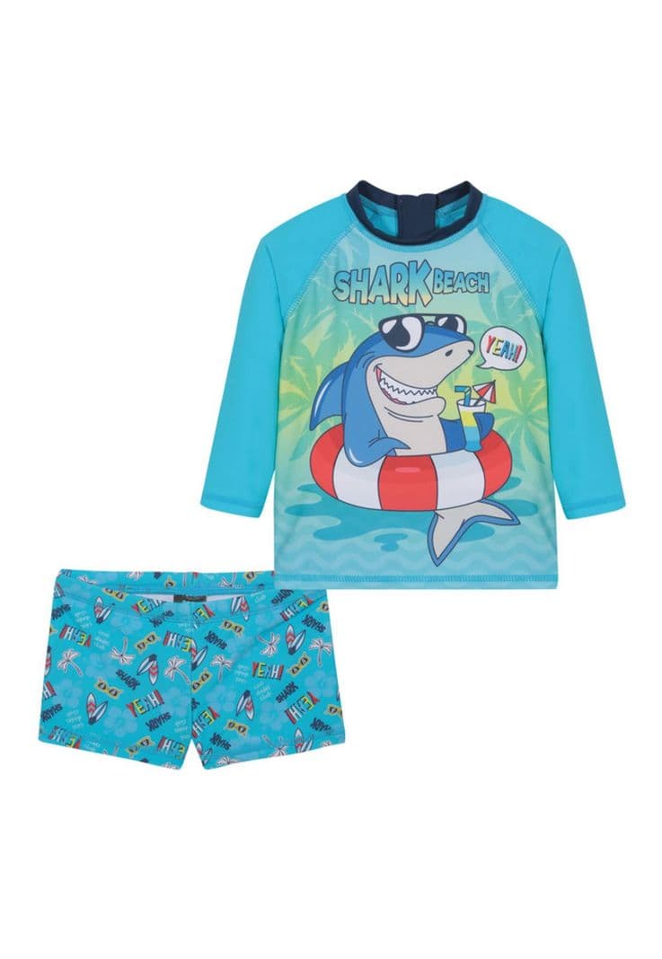 Traje Bano Bebe Set UV50+ Manga Larga H2O Wear Azul 9 A 12 Meses