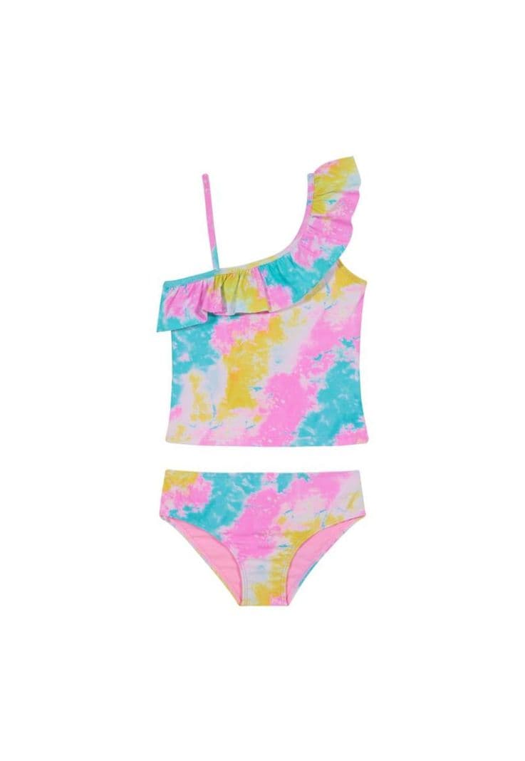 Traje de Bano Tankini UV30+ con Vuelos Un Hombro para Nina Rosado 12
