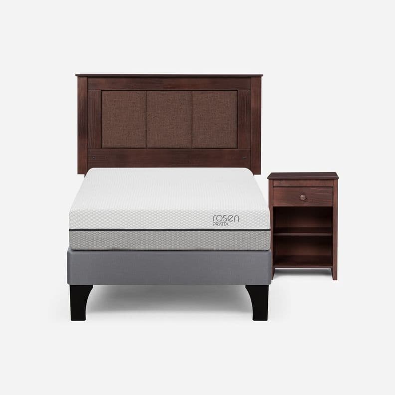 Cama Europea Pratta 1 Plaza Pata Madera + Respaldo y Velador Gris