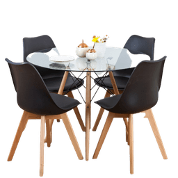 Comedor Mesa Eames Redonda De Vidrio 80cm Y 4 Sillas Tulip Negras Negro