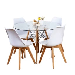 Comedor Mesa Eames Redonda De Vidrio 100cm Y 4 Sillas Tulip Blancas Blanco