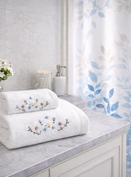 Set de 3 Toallas bordadas Algodon 550 GSM Floral 1 x tamagno y Cortina de Bagno Azzurro Blanco