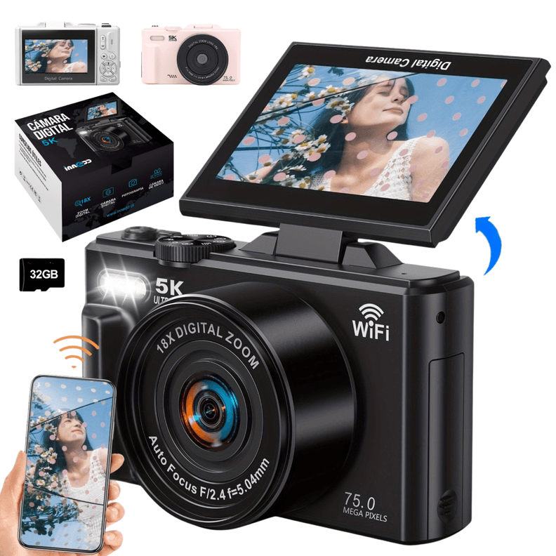 Camara 5K Digital Fotografica 75MP con Pantalla Giratoria Negro