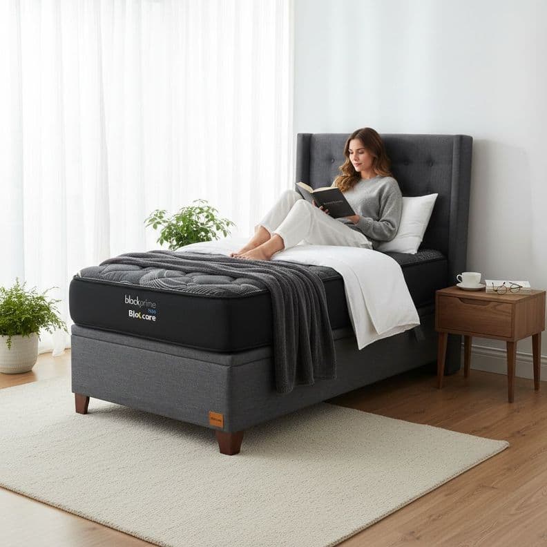 Cama Baul 1 5 Plaza L200 cm Colchon Black Prime Modelo Uno Respaldo Con Pata de 11 cm Gris
