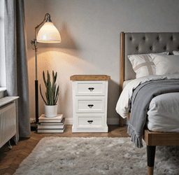 Velador "Malmo" 3 Cajones Mesa de Noche Alta de Madera Maciza - Blanco - 50x40x70 cm