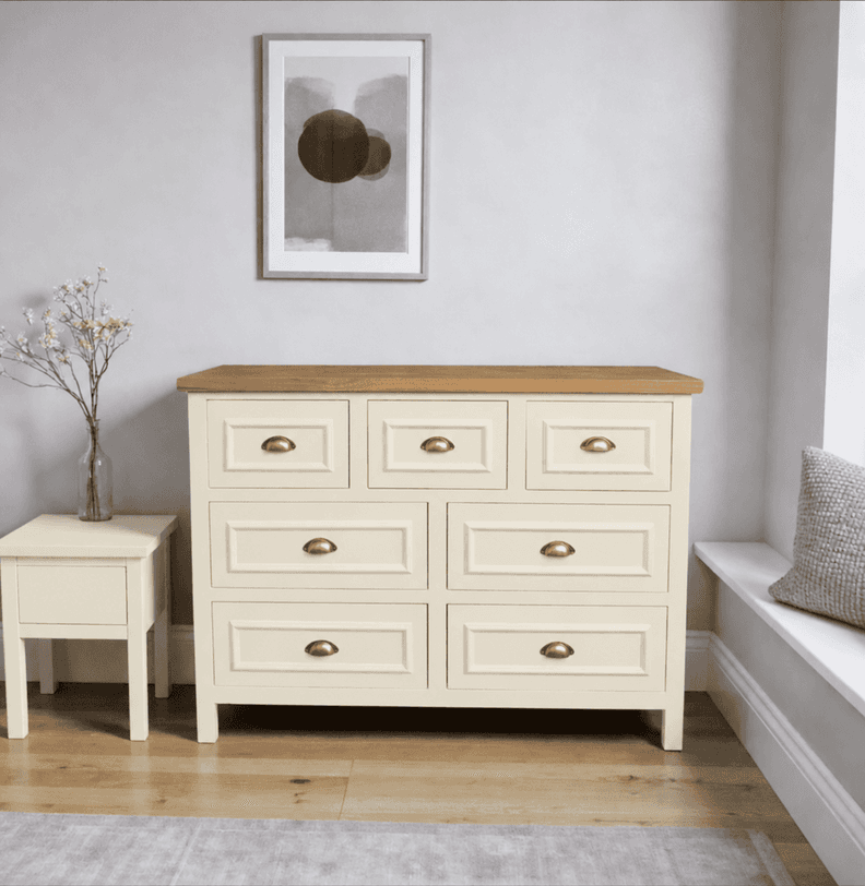 Comoda 7 Cajones Mueble de Madera Nativa para Dormitorio - Beige - 120x40x90 cm