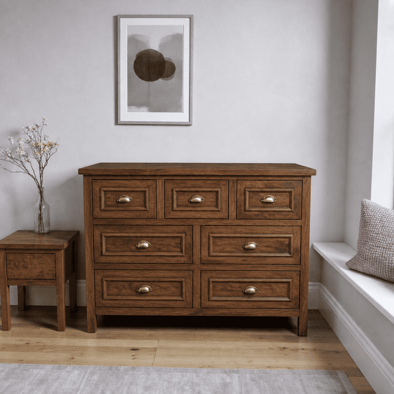 Comoda 7 Cajones Mueble de Madera Nativa para Dormitorio - Cafe - 120x40x90 cm