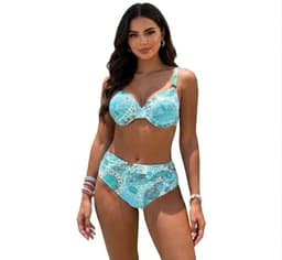 Bikini Dos Piezas Color Turquesa con Estampado de Mandalas y Tiro Alto M