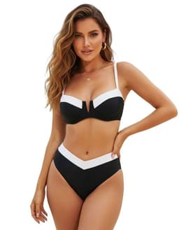 Bikini Bicolor Negro con Blanco Top con Soporte y Bottom de Tiro Alto S