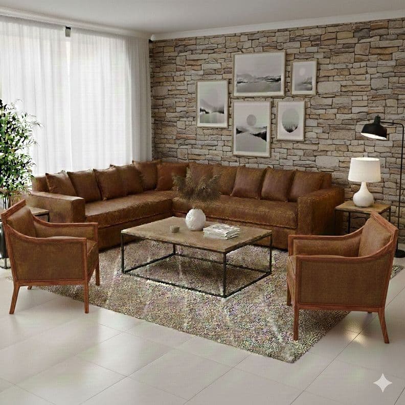 Living 311 Burton Cafe en cuero sintetico envejecido seccional resorte f comfort + 2 sitiales