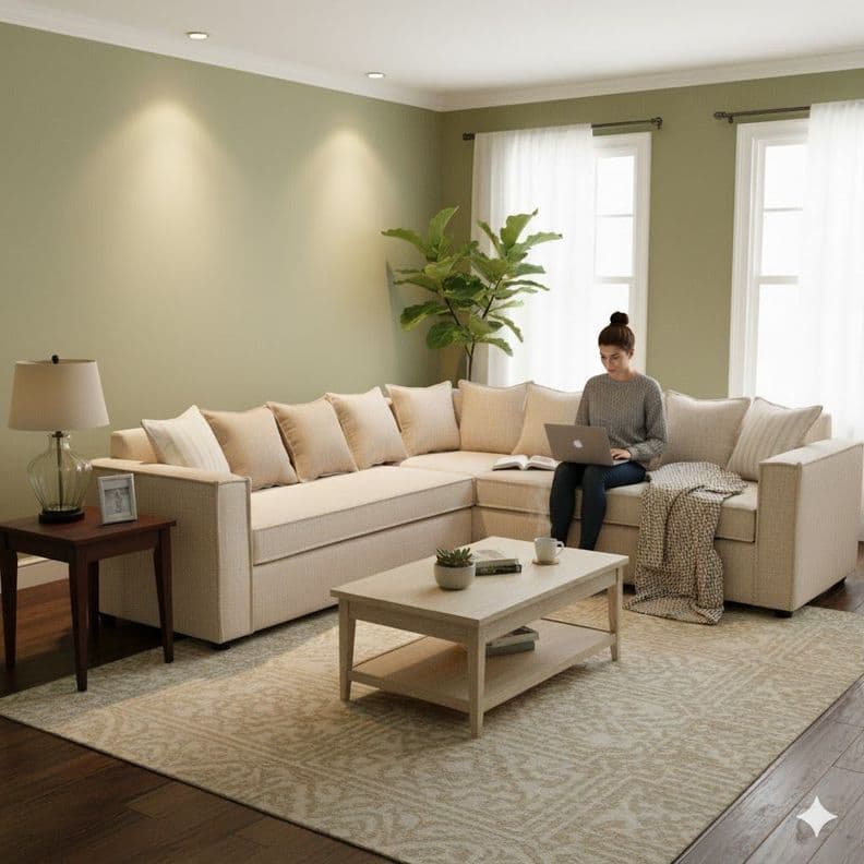Seccional Emilia beige con Resortes pocket full comfor