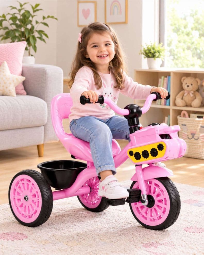 Triciclo Para Ninas Rosa Con Pedales Respaldo Y Canasto Rosado