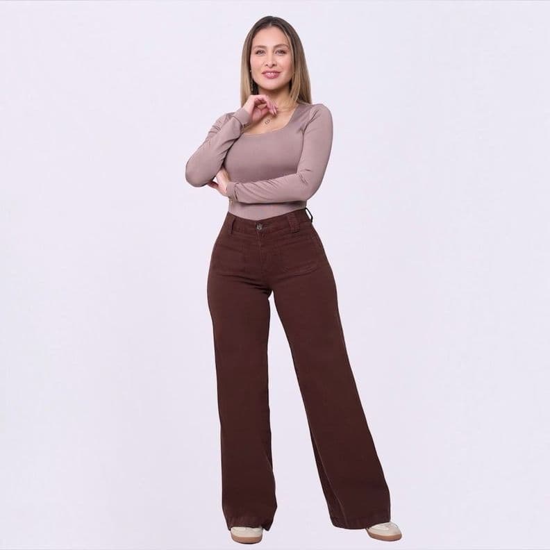 Jeans Mujer Wide Leg Tiro Alto Calce Perfecto Caf 46