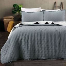 Cubrecama Y Fundas Con Pompon Dos Plazas Dormitorio 2 Gris 0