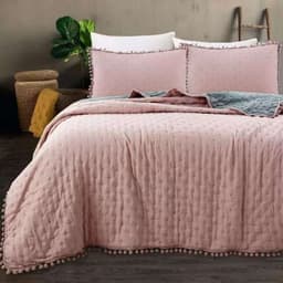 Cubrecama Y Fundas Con Pompon Dos Plazas Dormitorio 3 Rosado 0