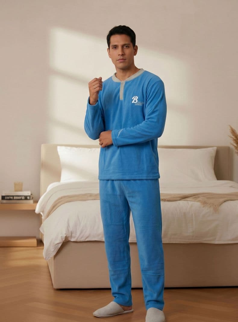 Pijama Polar Hombre Invierno 2 Piezas Calidad Premium Liso 4064 Celeste XL