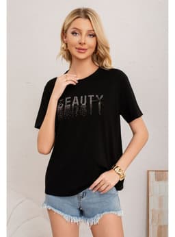 Polera Mujer Algodon Manga Corta Oversize Beauty Con Brillo 2011 Negro M-L