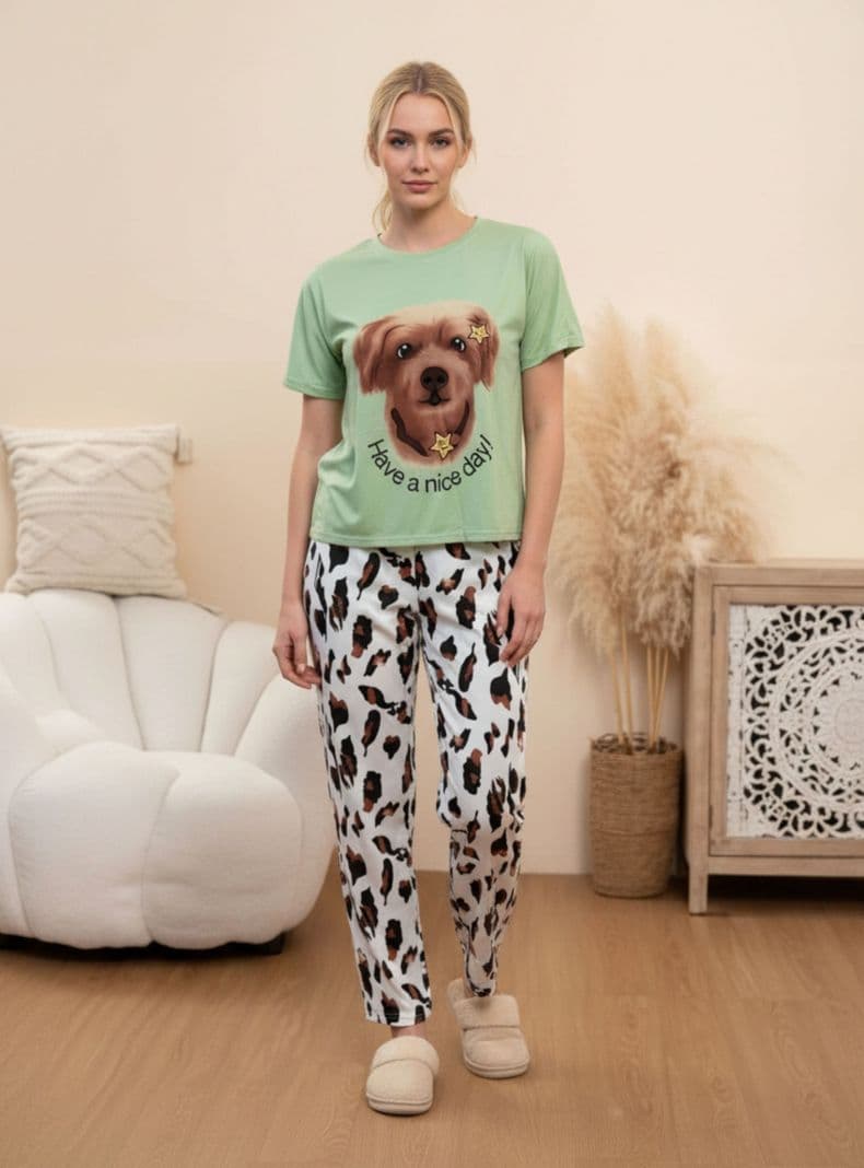Conjunto 3 piezas Pijama Mujer Verano Short, Pantalon y Polera Manga Corta 100 Verde XL-XXL