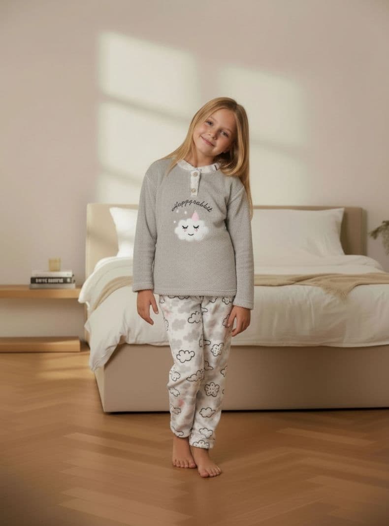 Pijama Polar Ninas Disenos Nube y Colores Invierno 476 Gris 12