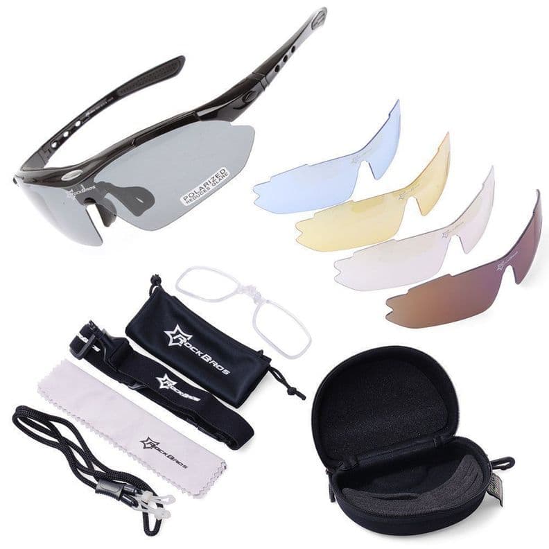 Lentes Rockbros Polarizado Ciclismo 5 Micas 12 Piezas Uv400 - Negro