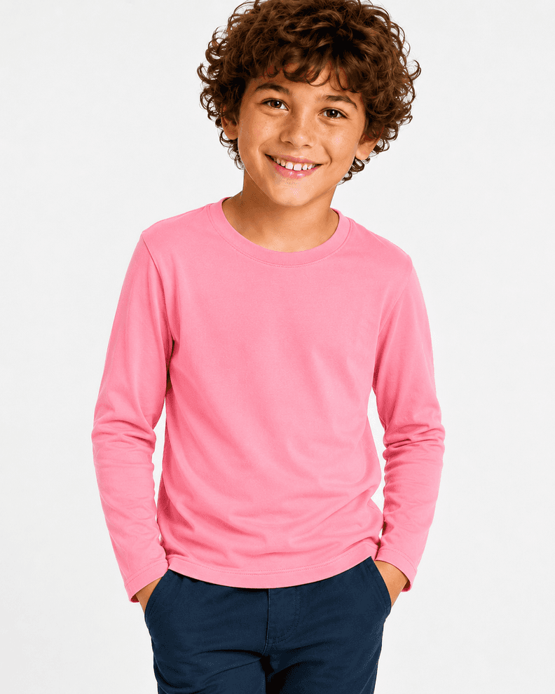 Polera Manga Larga Nino Nina Unisex Cuello Redondo 100% Algodon Rosado 8