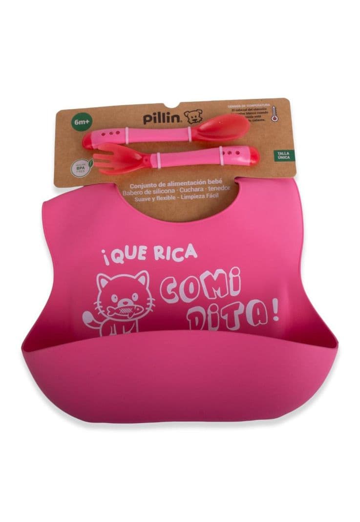 Set Babero y cubiertos Bebe Nina Fucsia Pillin