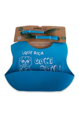 Set Babero y cubiertos Bebe Nino Azul Pillin
