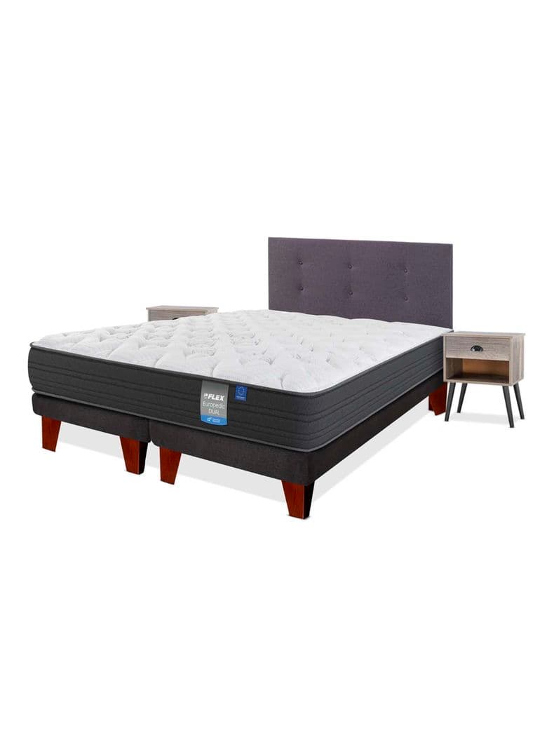 Cama Europea Europedic Dual King Base Dividida + Respaldo Royal Grafito + Velador Rock