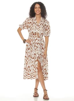 Vestido Manga Corta Estampado Escote V con Cinturon Cafe S