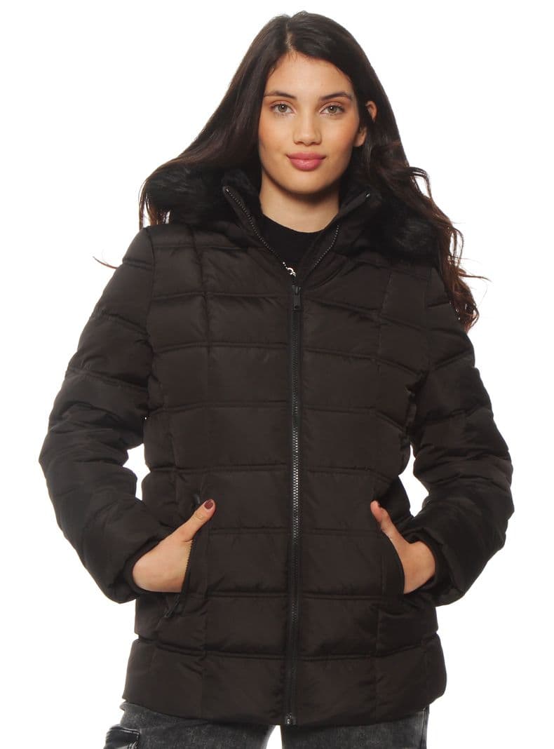Parka con Aplicacion en Capucha Cierre en Delantero Negro S