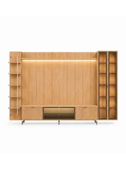 Rack TV 1.7 + Panel 1.8 Neon Float + Vitrina 2P + Repisas Cafe Claro