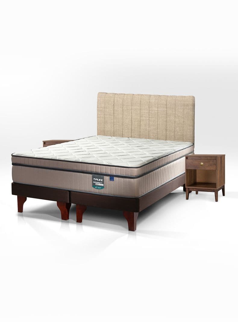 Cama Europea Maximo Cobre 2 Plazas Base Dividida + Respaldo + Veladores Atenas