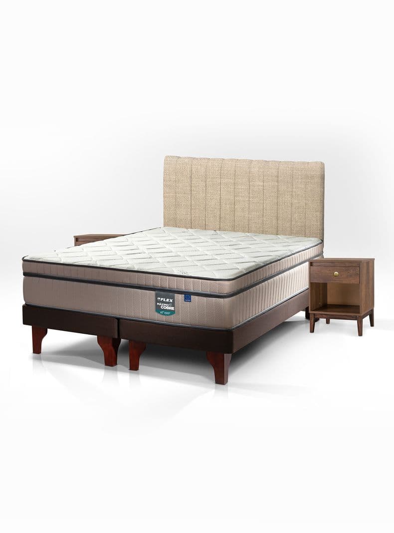 Cama Europea Maximo Cobre King + Respaldo Tubular + Velador Atenas