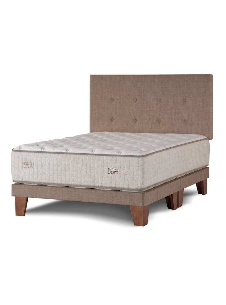 Cama Europea Naturals Bamboo King + Respaldo Botones Arena Beige Claro