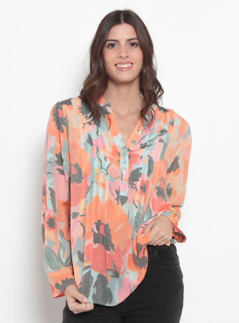 Blusa Manga Larga Estampada Escote V Abotonada en Delantero Naranjo L