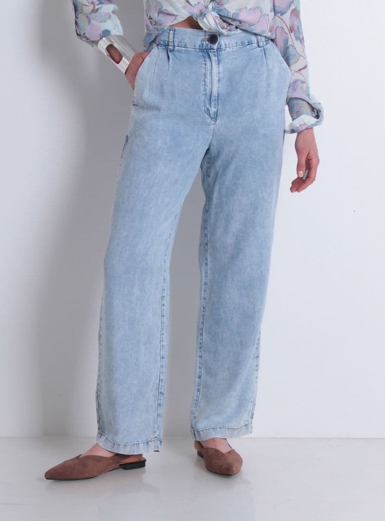 Pantalon Tencel Wide Leg Tiro Alto Pretina 1 Boton Azul M
