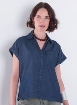 Blusa Manga Corta Denim Abotonada en Delantero Escote V Azul S