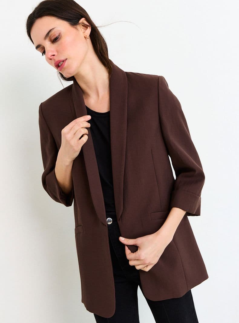 Blazer Liso Regular con Mangas Tres Cuartos Cafe 34