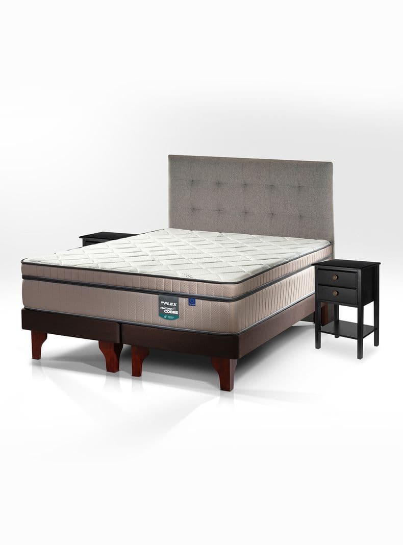 Cama Europea Maximo Cobre Super King + Respaldo Design Gris + Velador Rover