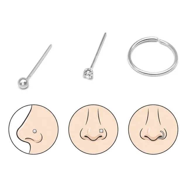 Pack 3 Piercing Nariz Bolita Circon Argolla 8 Mm Plata