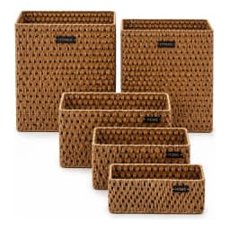 Set De 5 Canastos Organizadores De Fibra Natural Estilo Boho Marron