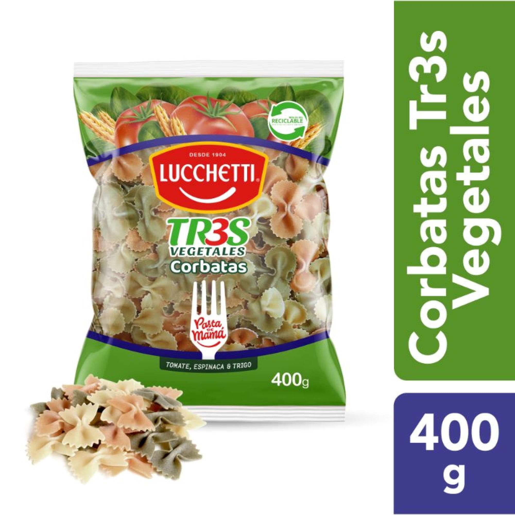 Fideo Pasta Tres Vegetales Corbatas Bolsa, 400 g