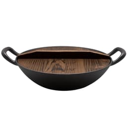 Wok Con Tapa De Madera 2 Piezas Hierro Fundido Negro
