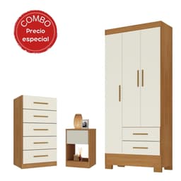 Closet Com351Co 3 Puertas 2 Cajones + Comoda 5 Cajones + Velador 1 Cajon Canela - Off White