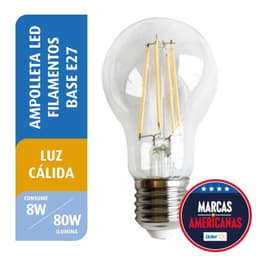 Ampolleta LED Filamento 8W A60 Luz Calida Base E27